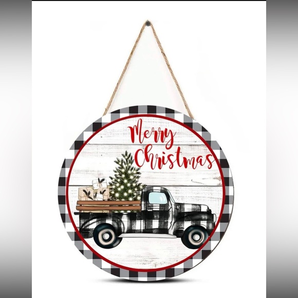NWT White Buffalo Check Farmtruck 🎄 Merry Christmas Round Wooden Decor Sign - Picture 3 of 6